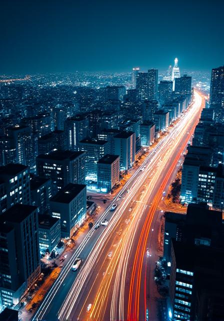 高層ビルから撮影された光跡が美しい都会の夜景