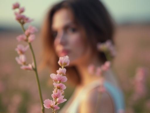 手前の花を前ボケにして奥の人物にピントを合わせたポートレート写真